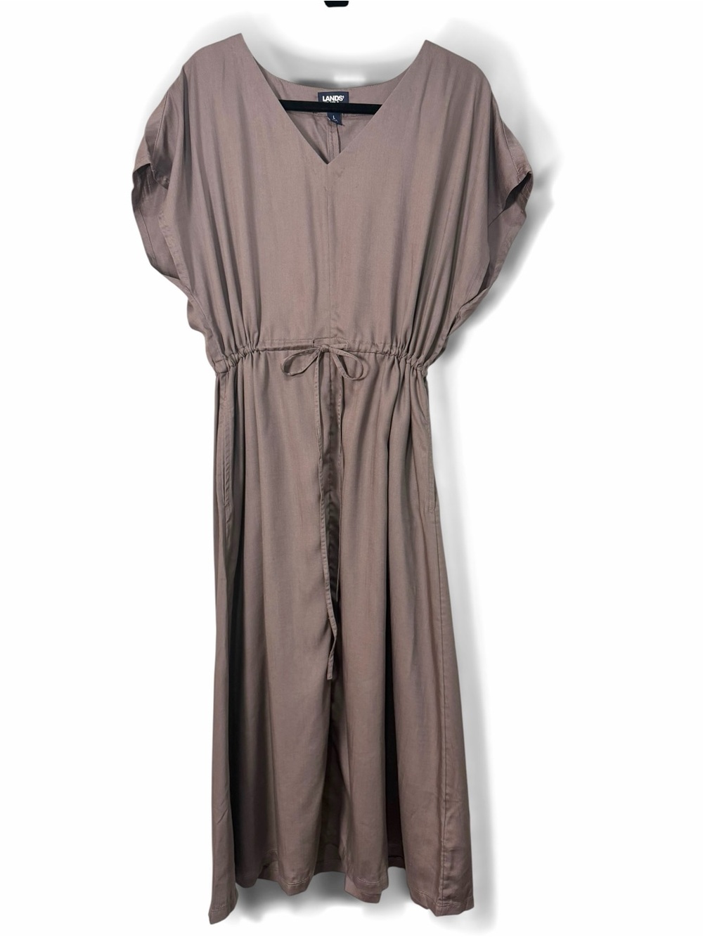 Lands’ End Lyocell Midi Dress Taupe Minimalist Quiet Luxury Drawstring L